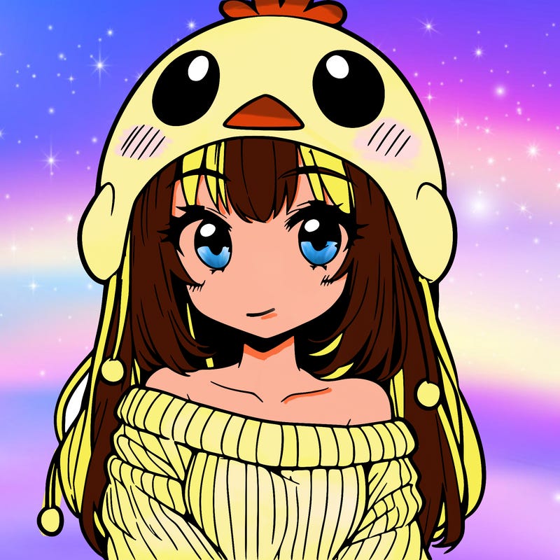 anime girl with chick shaped hat with sweater with bare shoulders with bangs covering them one eye with low tail