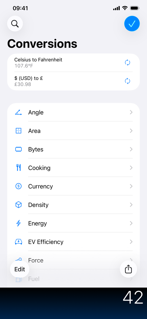 PCalc app conversions interface showing a list of unit categories like currency, area, and energy.