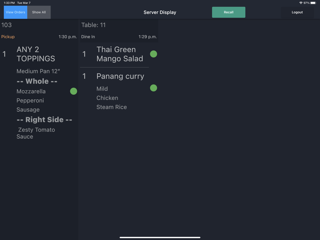 Snappy POS Kitchen Display - Digital server display showing active restaurant food orders on an iPad screen
