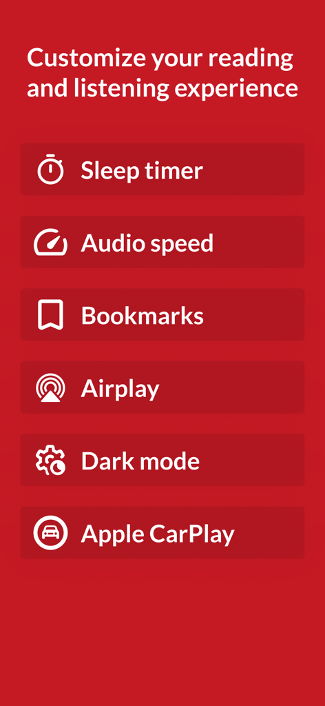 Saxo: Audiobooks & E-books - Un elenco di funzionalità di personalizzazione nell'app Saxo tra cui timer di spegnimento, velocità audio, segnalibri, Airplay, modalità scura e Apple CarPlay.