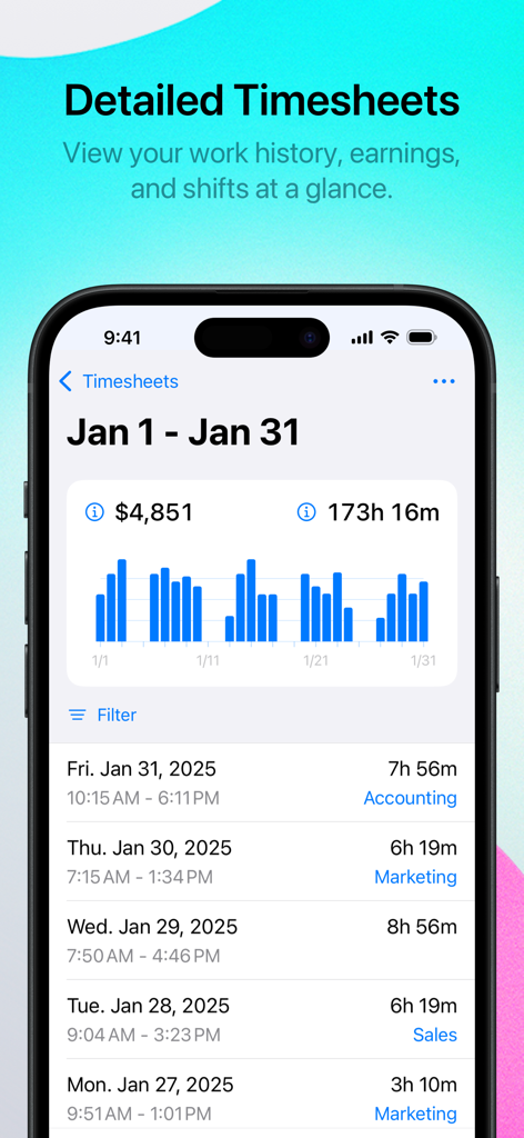 Punch Time Clock - Pantalla de la aplicación Reloj de Fichaje mostrando partes de asistencia mensuales detallados con ganancias totales y horas trabajadas.