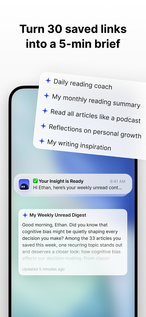 Cubox app interface showing AI-powered summaries and a weekly unread digest notification on an iPhone