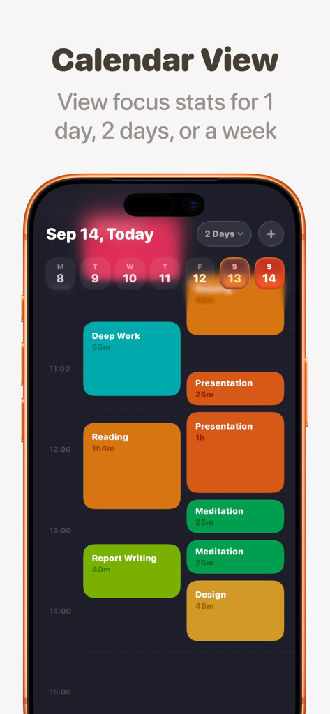 FocusPomo · Pomodoro Timer - Vista de calendario de FocusPomo que muestra bloques de tiempo de productividad codificados por colores para trabajo profundo, lectura y meditación en un iPhone