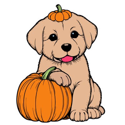 a realistic puppywith a pumpkin on his head