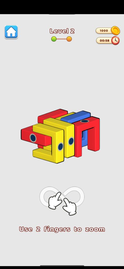 Captura de tela da jogabilidade do Block Blast mostrando blocos coloridos em forma de U no nível 2 com um tutorial de zoom