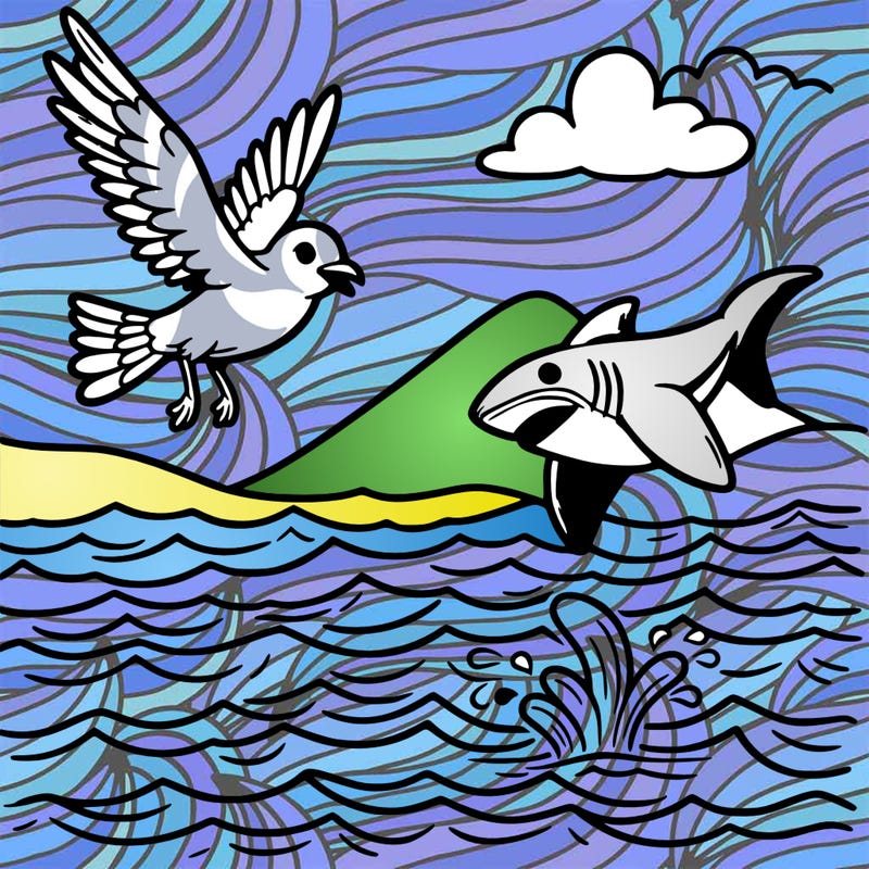 a bird flying over the sea and a shark jumping out the sea