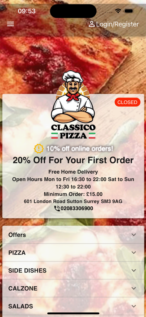 Classico Pizza Takeaway mobile app home screen with discount offers and food menu