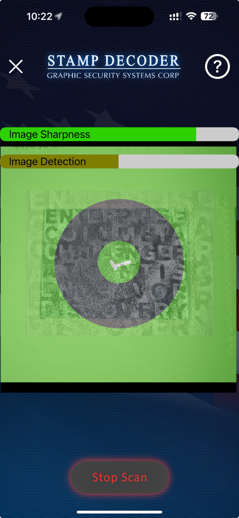 Digital Stamp Decoder - Interfaz de la aplicación Decodificador Digital de Sellos escaneando un sello Shuttle del USPS para revelar características de seguridad ocultas.