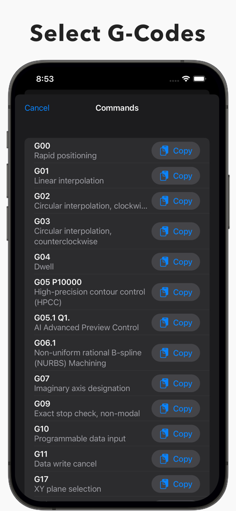 A list of G-code commands with descriptions and copy buttons in the Sequence CNC app interface