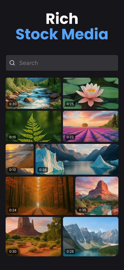 Clideo — Video Editor - Una pantalla de la aplicación Clideo mostrando su extensa biblioteca de clips de video de stock
