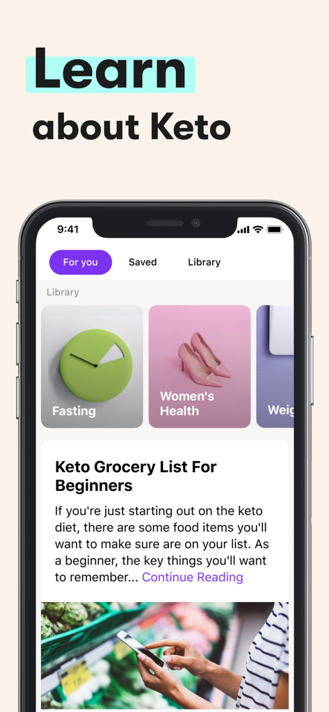 Educational screen of Keto Diet App featuring health categories and a keto grocery list guide for beginners