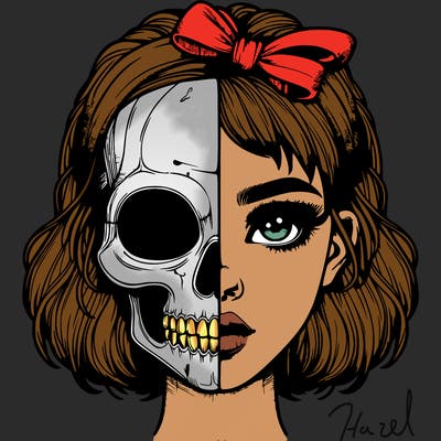 realistic girl with half skull mask