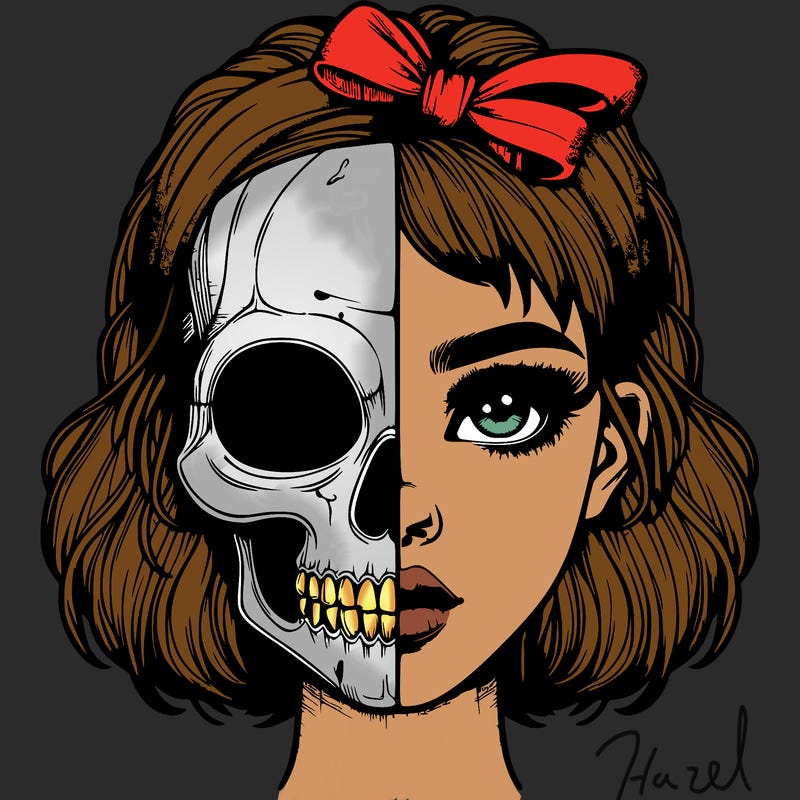 realistic girl with half skull mask
