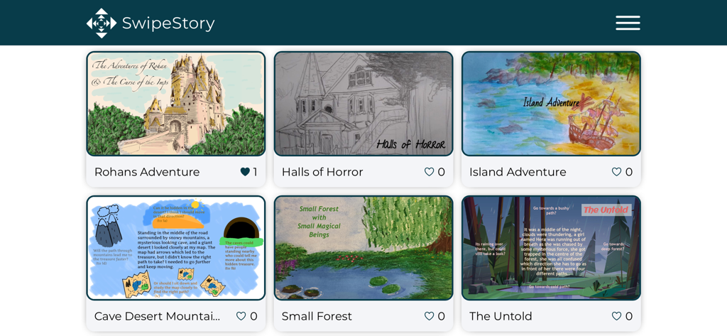 SwipeStory app displaying a selection of interactive hand-drawn adventure stories.