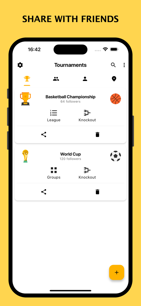Winner app interface displaying a list of active tournaments with sharing options