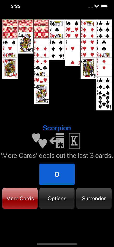 Tela de jogo clássica do Scorpion Solitaire com colunas de cartas e botões de menu