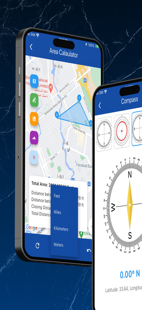 Interfaz de la aplicación Calculadora de Área GPS que muestra mediciones de mapa y pantallas de brújula digital