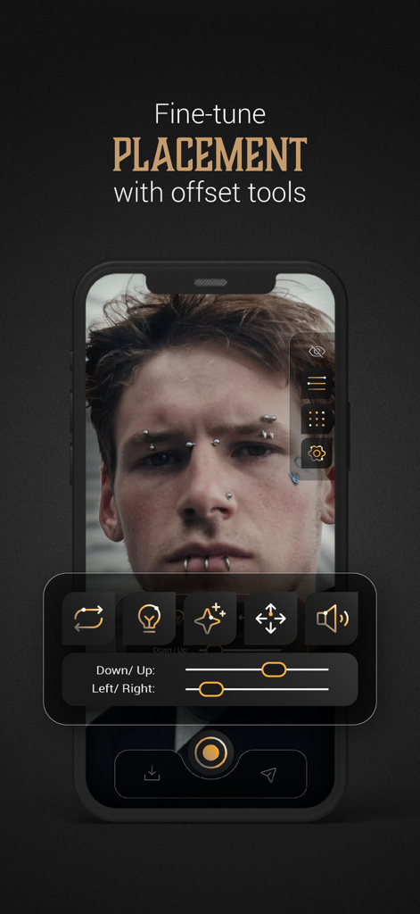Piercing AR アプリのバーチャル顔のピアス用の微調整配置スライダーを表示するインターフェイス。