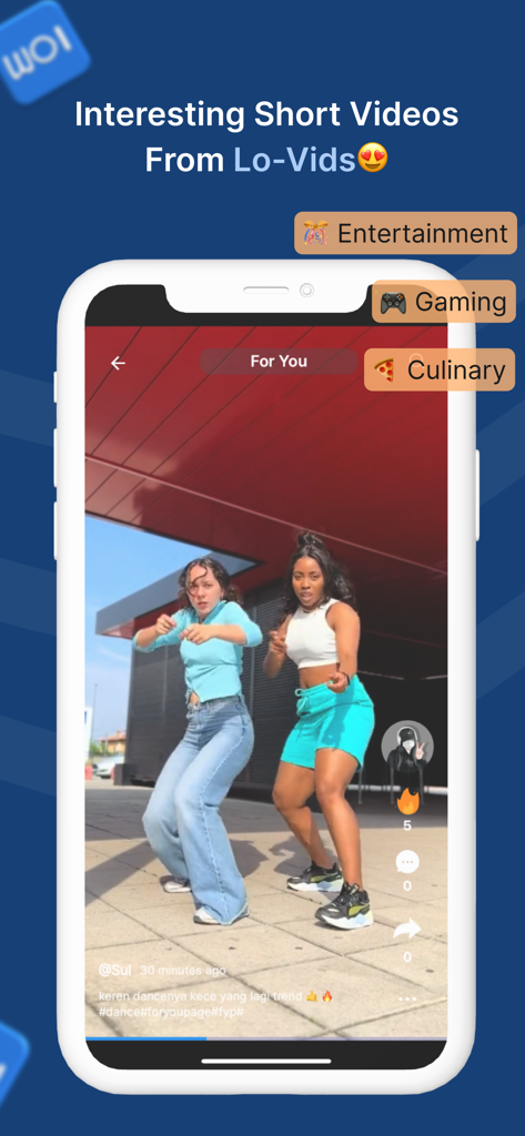 Woilo : Photo, Video, Chat - Woilo app interface showing a short video of two people dancing with category tags for entertainment gaming and culinary content