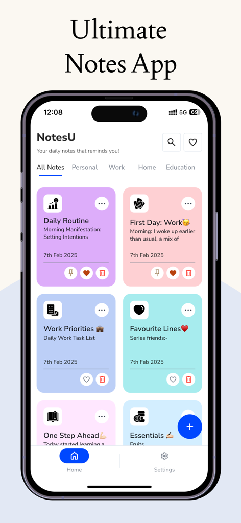 Note.s Taking App - NotesU - Pantalla de iPhone que muestra la aplicación NotesU con notas coloridas y organizadas para la rutina diaria y tareas de trabajo