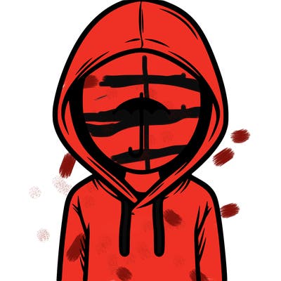 a person with non face waering a hoodie with a small umbrella symbol