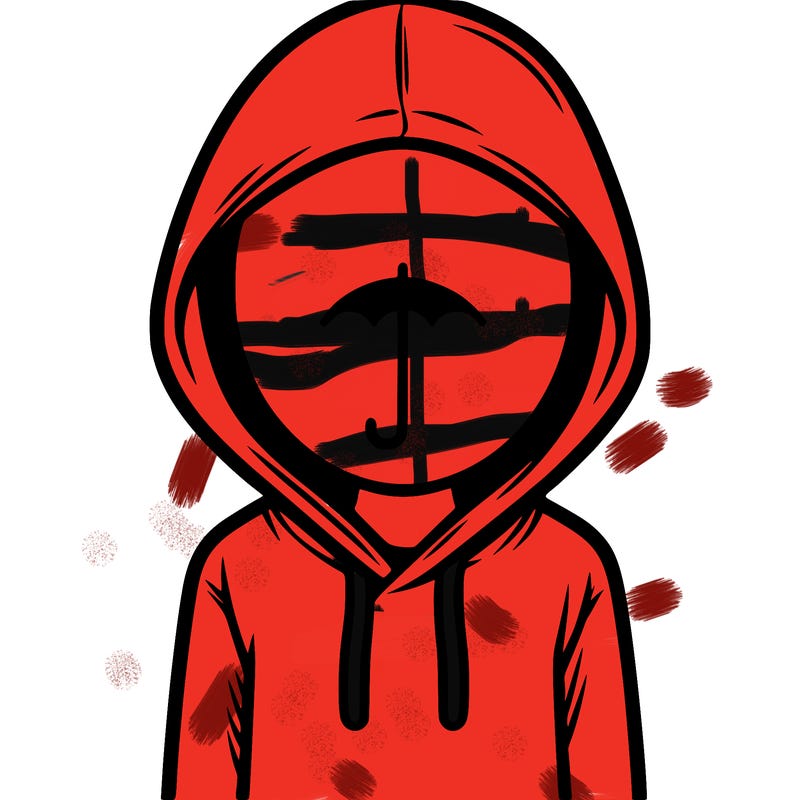 a person with non face waering a hoodie with a small umbrella symbol