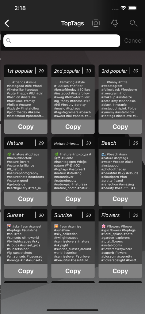 Top Tags: TagsForLikes app - Top Tags mobile app interface displaying various hashtag categories and copy buttons for social media engagement.