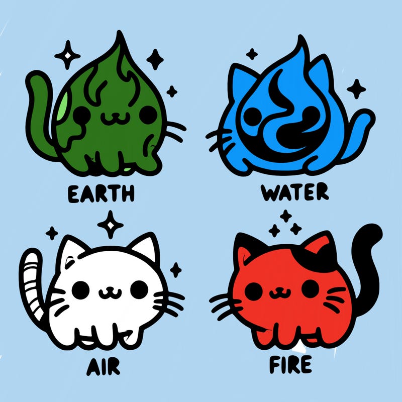 4 cats that represent the different elements, earth, water, air, and fire