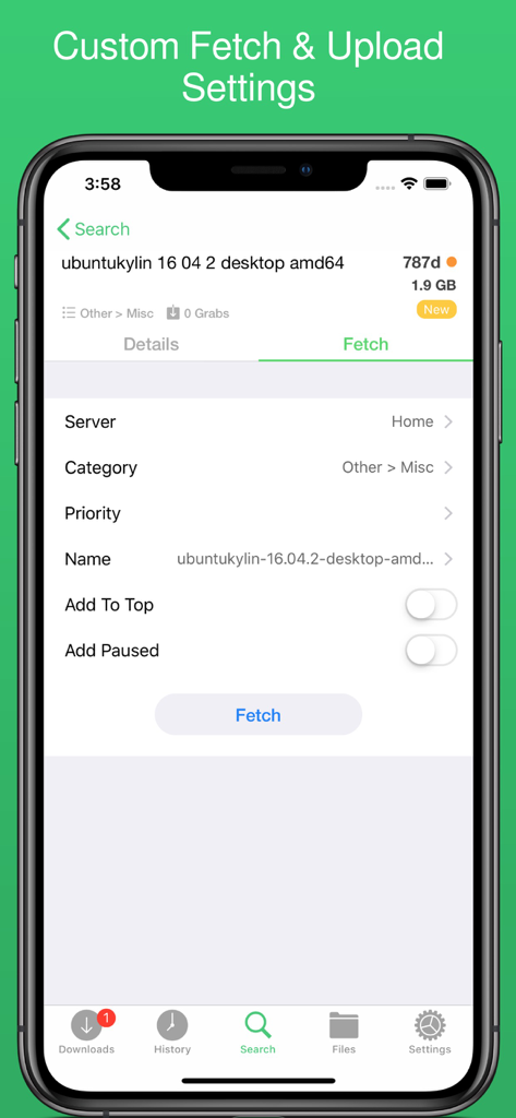 NZBClient app interface for customizing fetch and upload settings for a download file