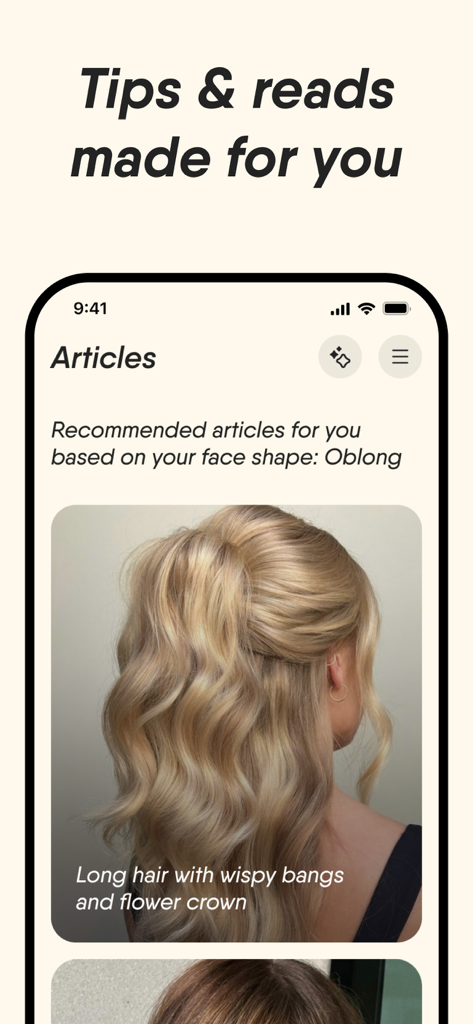 Face Shape Finder Detector - Ein Bildschirm der mobilen App zeigt personalisierte Frisurenartikel und Beauty-Tipps basierend auf einer Analyse der länglichen Gesichtsform.