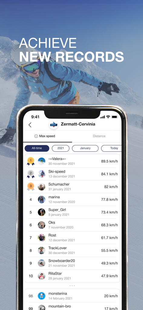 Skill: Ski, MTB, Hike Tracker - Leaderboard display in the Skill app showing max speed rankings for skiers