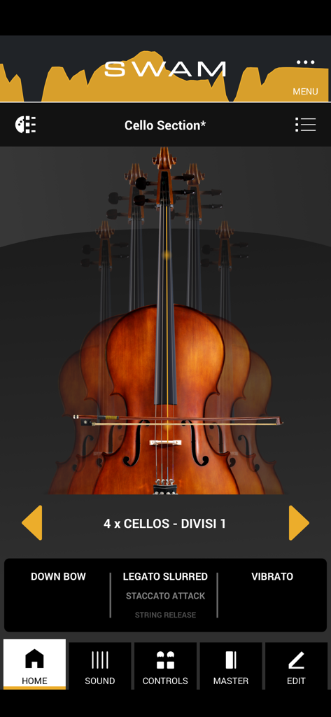 SWAM Cello Section - SWAM Cello Section app home screen showing four cellos and performance controls