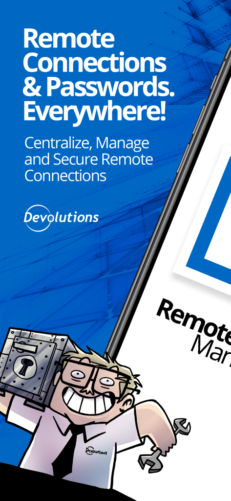 Werbebildschirm des Remote Desktop Managers mit Text über die Zentralisierung von Remote-Verbindungen und Passwörtern mit der Illustration eines IT-Experten