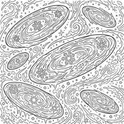 Journey through the cosmos with this unique coloring page depicting elliptical galaxies transformed into a frosty winter landscape. Intricate snowflakes and swirling cosmic dust invite you to unleash your creativity.