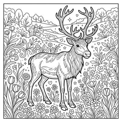 Embrace the beauty of spring with this stunning coloring page featuring a graceful female reindeer adorned with impressive antlers. Immerse yourself in a vibrant meadow bursting with flowers and new life, ready for your creative touch.
