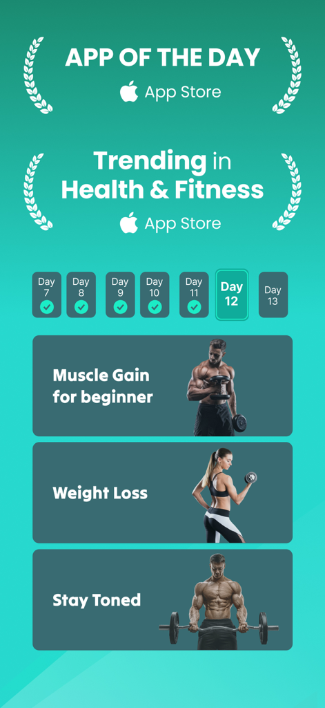 Planfit app interface featuring workout goals for muscle gain and weight loss with App Store recognition