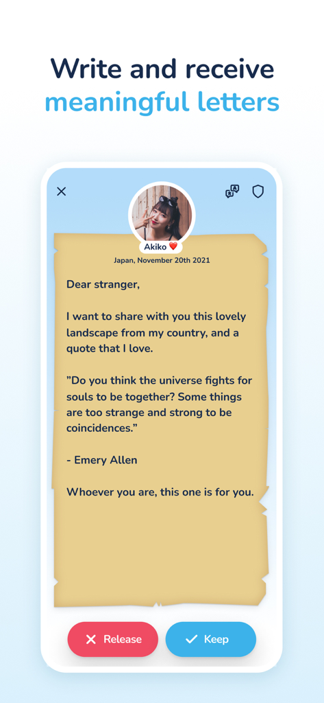 Bottled app interface showing a digital letter from a pen pal with options to keep or release