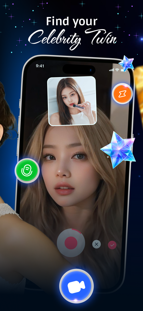 Celebrity Twin - Funny Filter - App interface showing a user finding their K-Pop celebrity twin with a camera filter