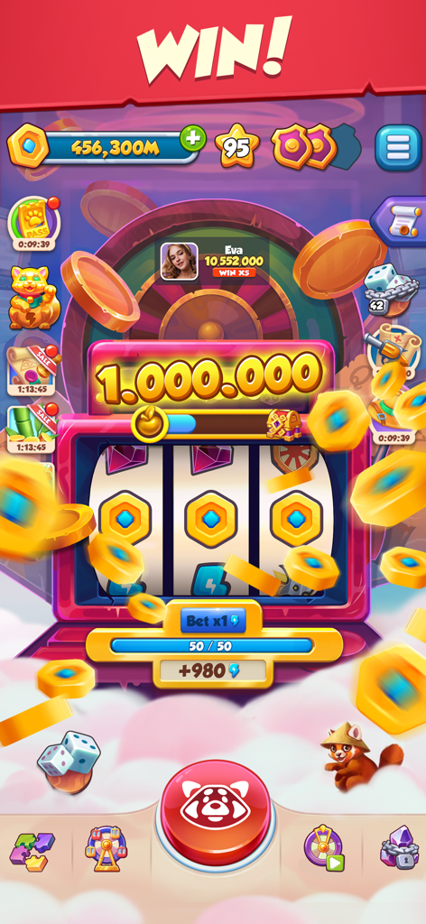 Interface de caça-níqueis em Age of Coins mostrando uma vitória de um milhão de moedas com moedas de ouro voando e um ícone de panda vermelho