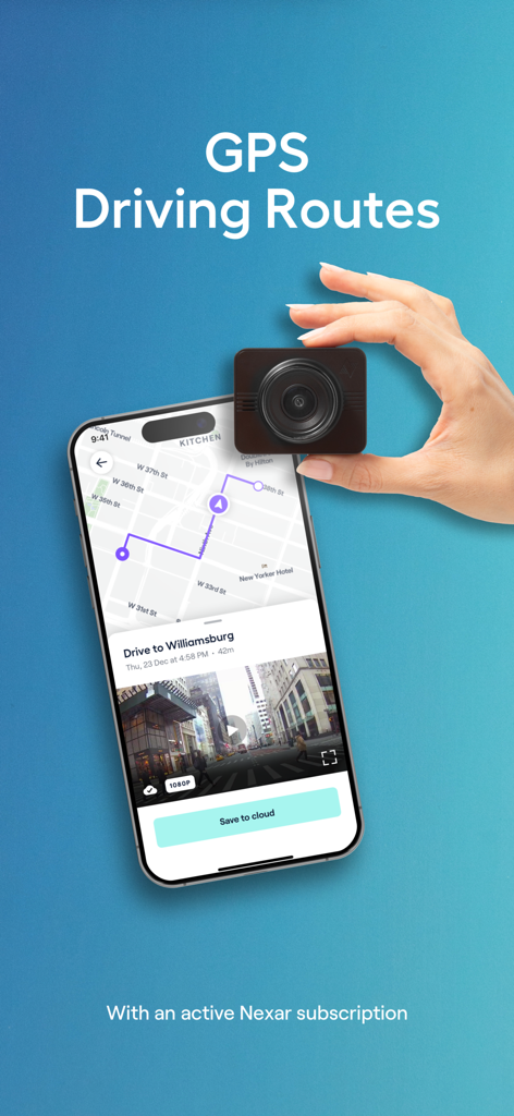 Nexar Classic app displaying GPS driving routes and a connected dash cam