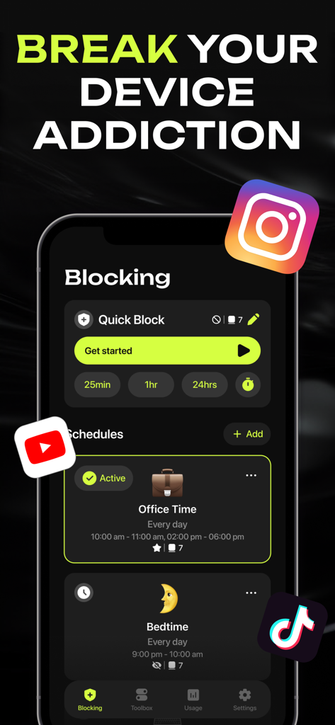 Super App Lock: Screen Time - Interface of the Super App Lock app showing features to block social media and set custom schedules like Office Time and Bedtime for digital detox.