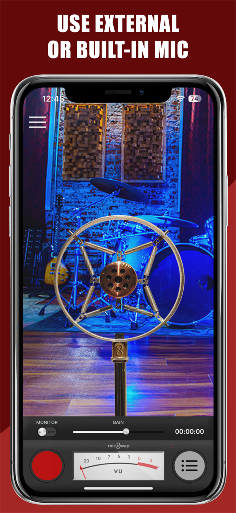 Smartphone screen displaying MicSwap Pro app with a vintage microphone model in a studio environment.