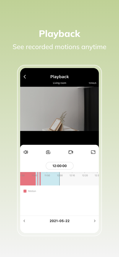 Home V - Smart Camera - Interface de lecture de l'application Home V montrant les événements de mouvement enregistrés sur une chronologie vidéo