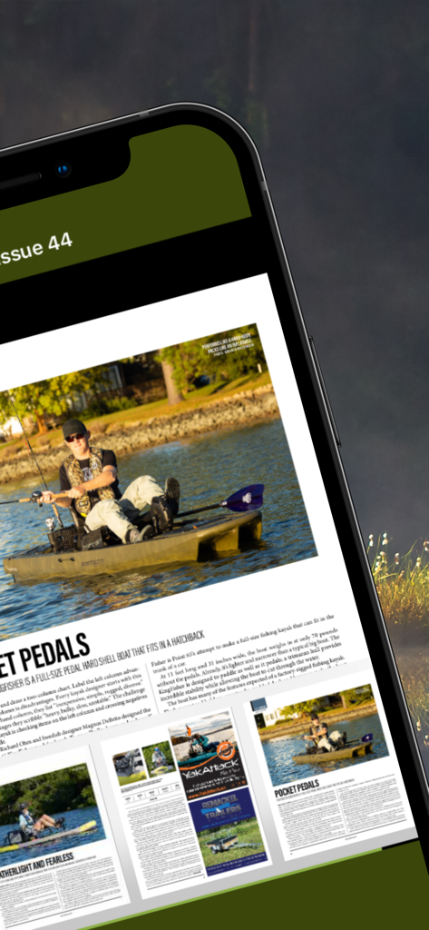 Kayak Angler+ Magazine - A digital magazine article in the Kayak Angler Plus app featuring a pedal-powered fishing kayak review
