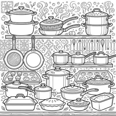 Dive into a delicious world of culinary creativity with our Cookware & Bakeware Sets coloring page. This intricate design features a full array of kitchen essentials, ready for your artistic touch.