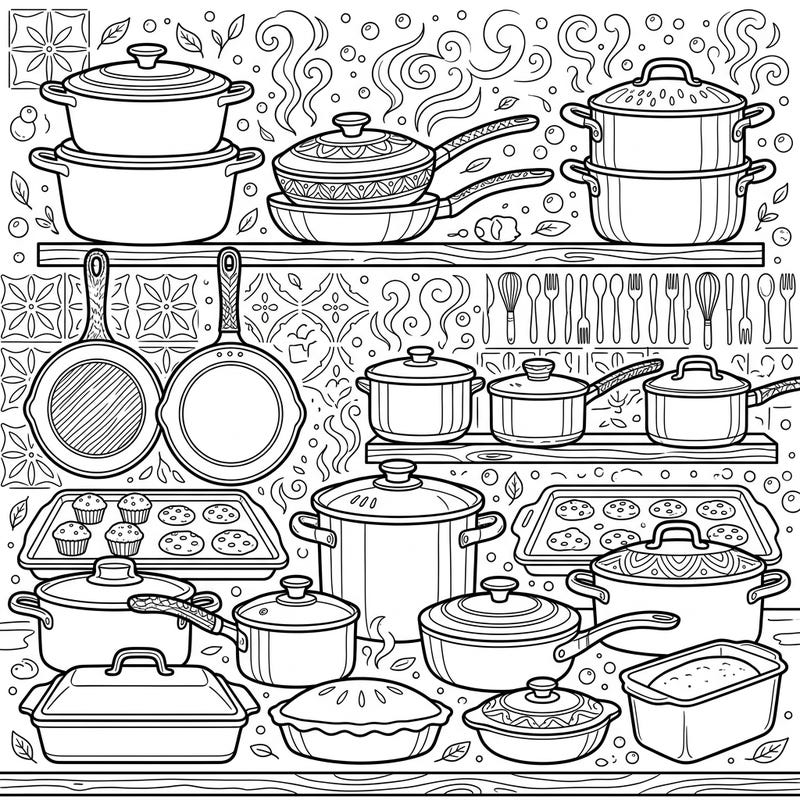 Dive into a delicious world of culinary creativity with our Cookware & Bakeware Sets coloring page. This intricate design features a full array of kitchen essentials, ready for your artistic touch.