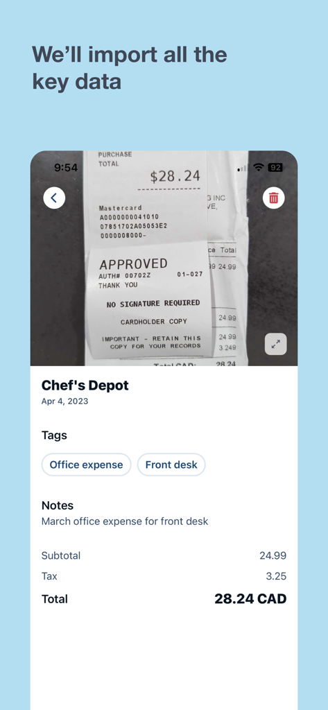 O aplicativo Hubdoc mostrando um recibo importado do Chef's Depot com extração automática de dados para subtotal, imposto e valor total.
