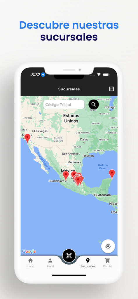 La aplicación Pastelerías Esperanza muestra un mapa con ubicaciones de tiendas en México y Estados Unidos