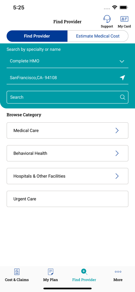 Interface of the MGB Health Plan Member app showing the Find Provider screen with search filters and healthcare categories like Medical Care and Behavioral Health.