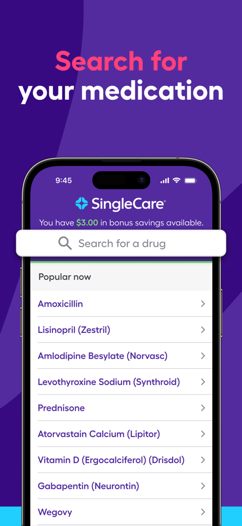 SingleCare app interface showing the drug search bar and a list of popular medications like Amoxicillin and Lisinopril